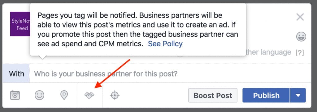 Facebook branded content tag. 