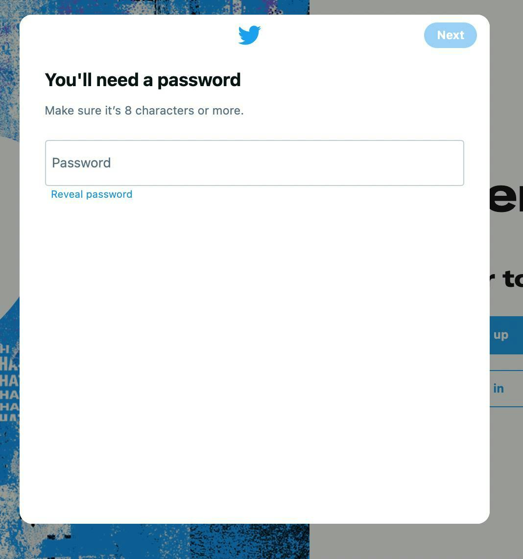 Step 5 for setting up a Twitter account, entering a password
