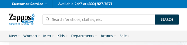 A screenshot of the navigation bar from Zappos' customer service page