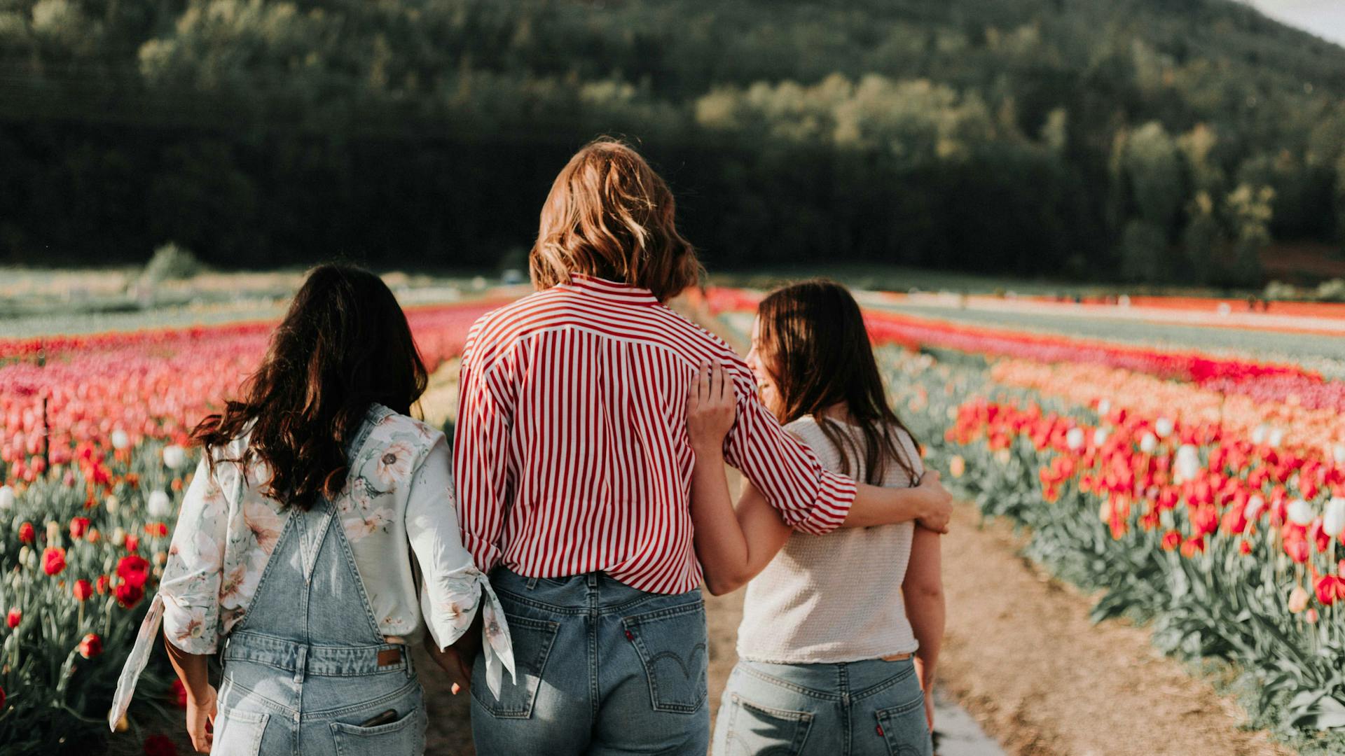 three women walking in a field with red tulips