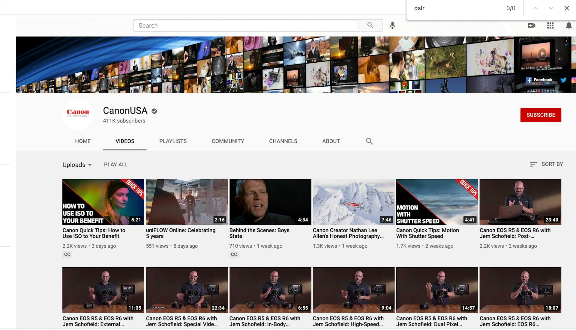 Page YouTube de la chaîne Canon avec des vidéos de présentation produit 