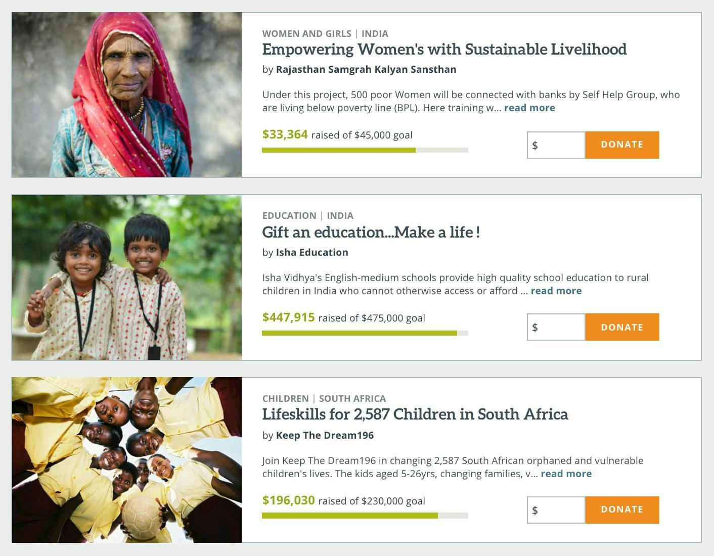GlobalGiving's Explore Projects Section on the website