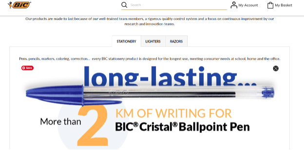Een screenshot van een BIC product pagina die een grote pen laat zien om te communiceren that je "2km lang kan schrijven"