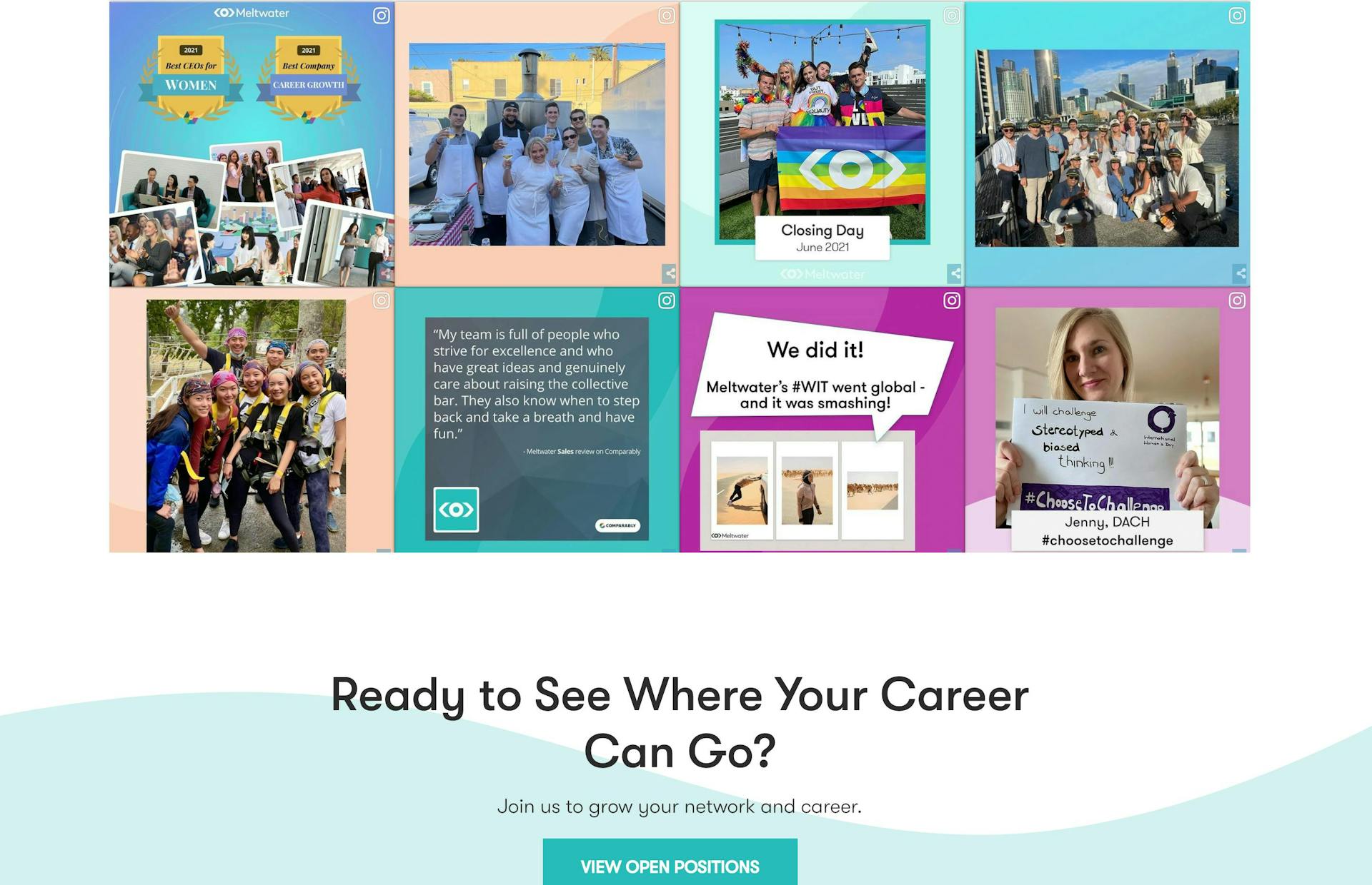 A screenshot from the Career section of Meltwater.com displays a grid of UGC from Instagram. Underneath the grid, a headline reads, "Ready to see where your career can go?". 