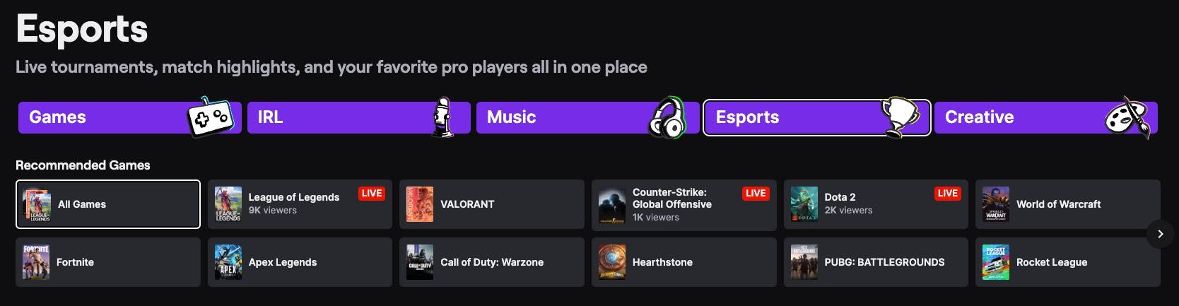 Screenshot of the Esports section on Twitch