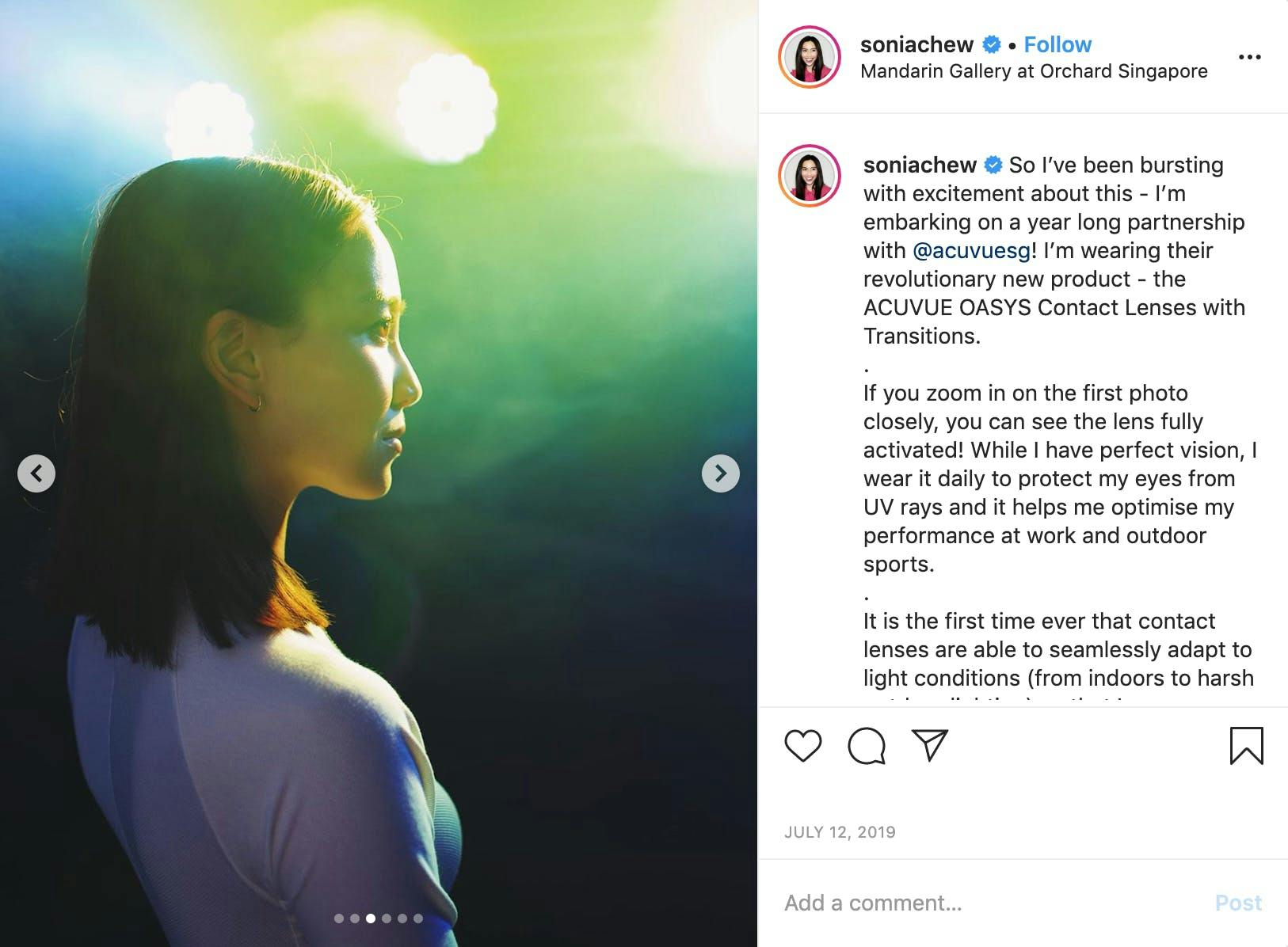 Instagram Post @soniachew announces a year-long branded partnership with Acuvue Signapore
