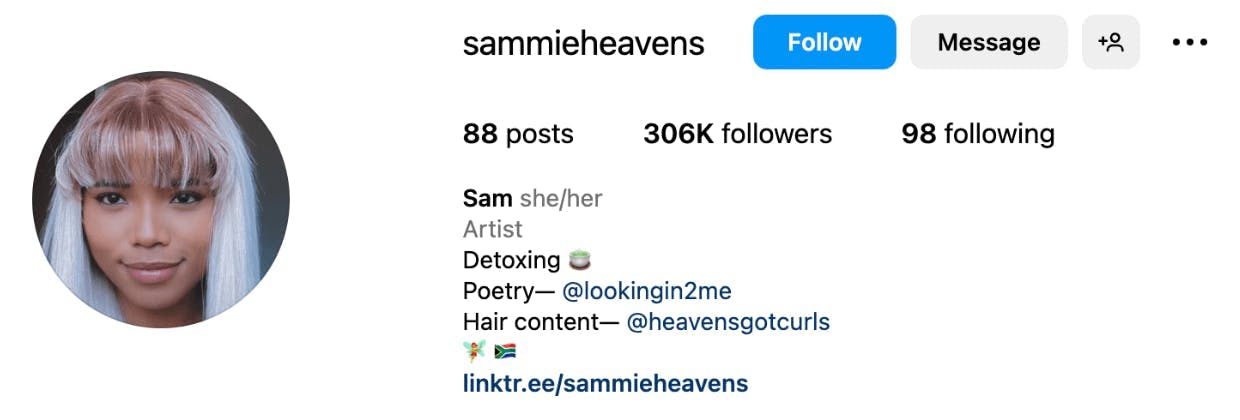 Top beauty influencers in South Africa: Sam Instagram Profile