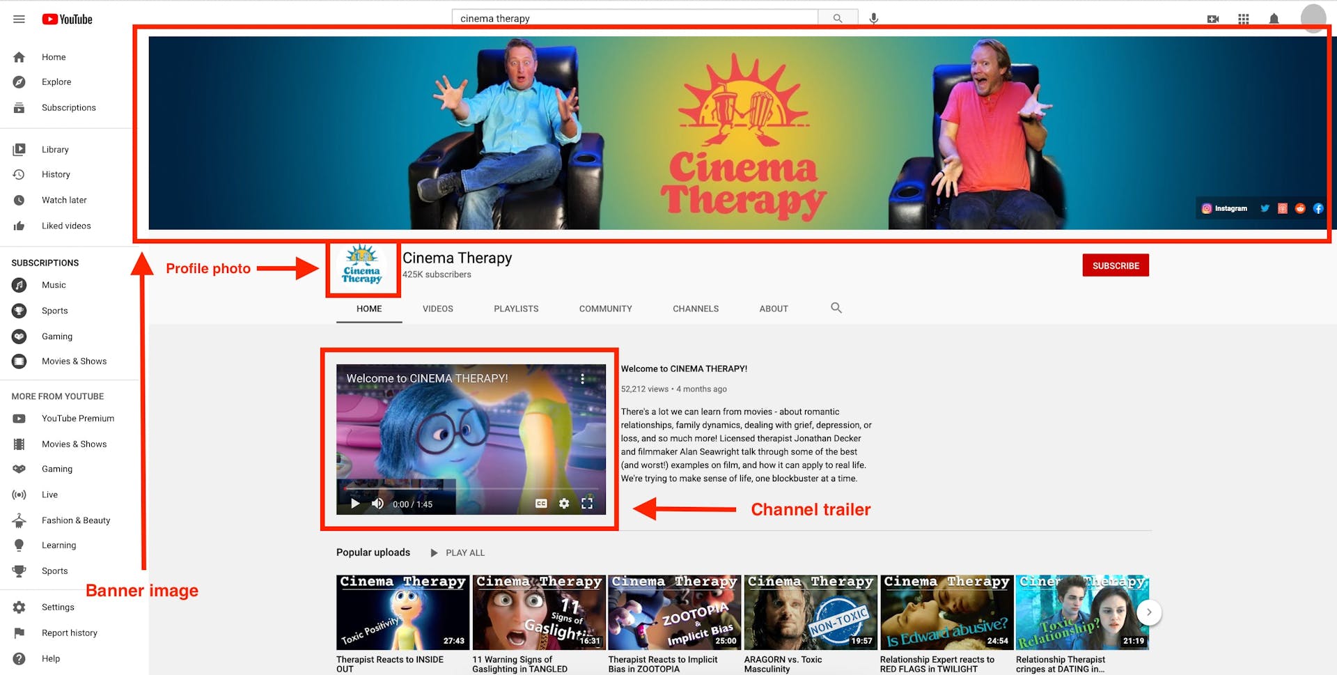 Exemple d'une chaîne YouTube avec des flèches indicants la bannière, la photo de profil et la bande-annonce de chaîne 