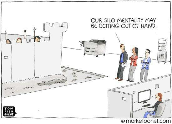 Cartoon sketch by marketoonist showing the silo mentality of office. Cartoon characters look beyond a castle built in an office while others look on stating "out silo mentality may be getting out of hand".
