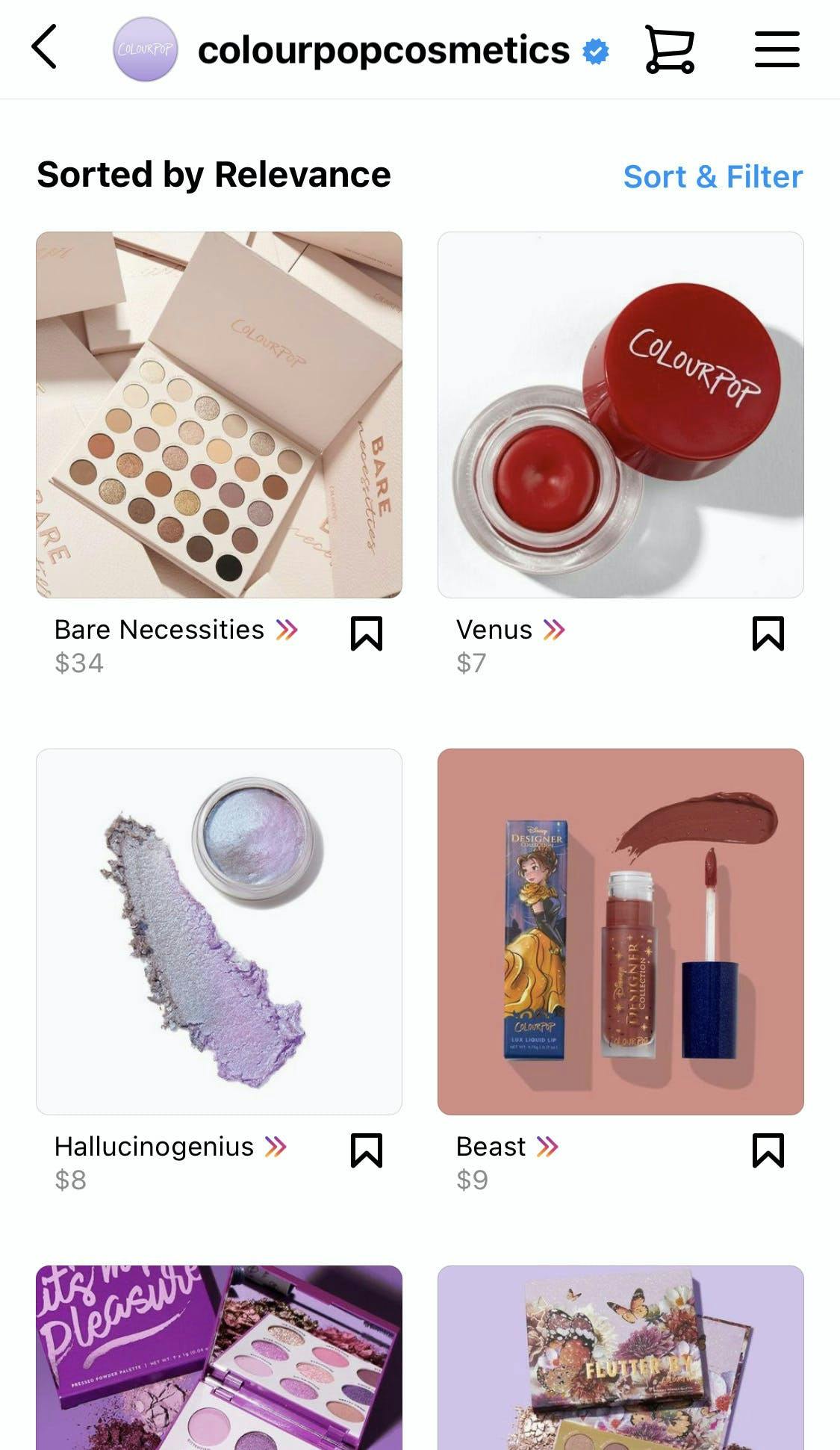 Instagram cosmetics shop showing six thumbnails with different products that can be purchases within the Instagram app
