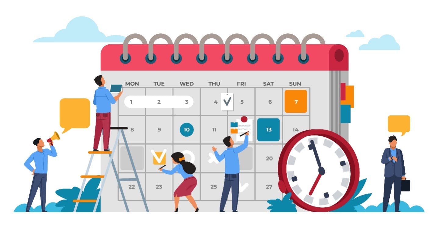 Maak een PR kalender illustratie met mensen die aan een enorme kalender werken