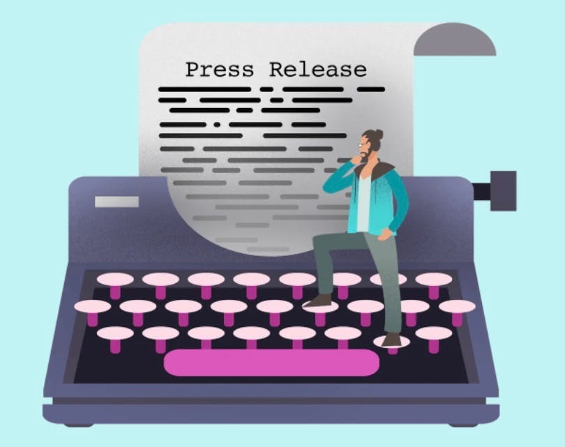 Ein illustrierter Mann steht auf einer Schreibmaschine, in der ein Blatt Papier mit den Wörtern Press Release liegt