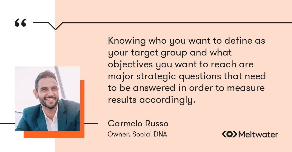Carmelo Russo, Owner of Social DNA quote about measuring content marketing, “Well, firstly knowing who you want to define as your target group and what objectives you want to reach are major strategic questions that need to be answered in order to measure results accordingly."