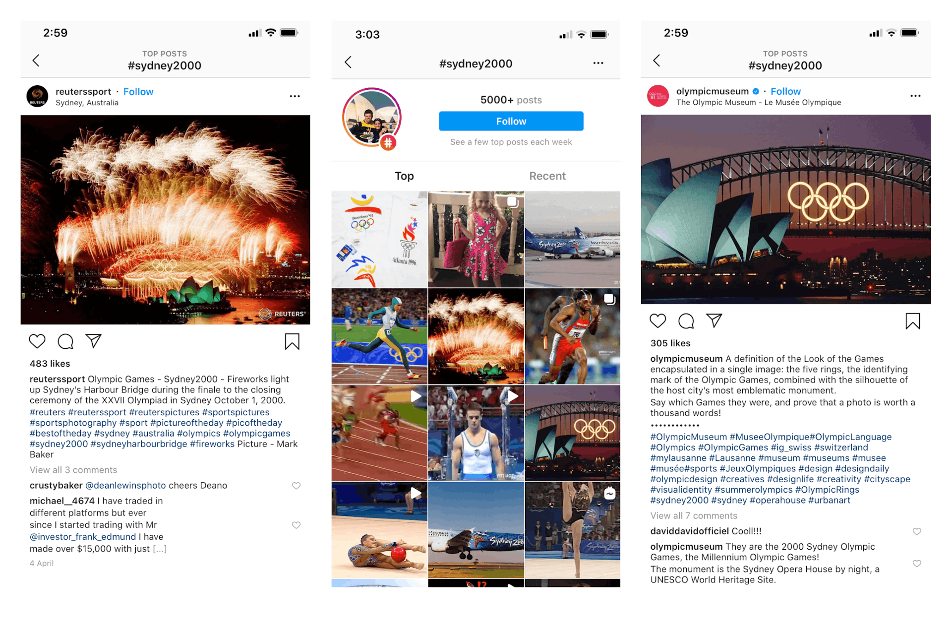 L to R: A post made by Reuters commemorating the 2000 Sydney Olympics, the hashtag feed for that tag, a post by Olympic Museum referencing the Sydney Olympics