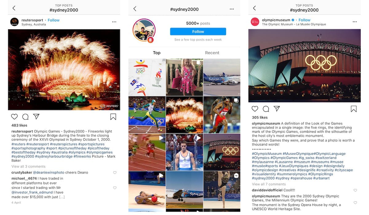L to R: A post made by Reuters commemorating the 2000 Sydney Olympics, the hashtag feed for that tag, a post by Olympic Museum referencing the Sydney Olympics