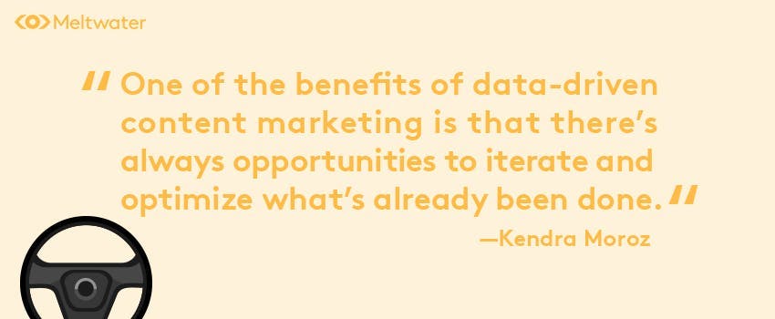 Quote on a yellow background: "One of the benefits of data-driven content marketing is that there's always opportunities to iterate and optimize what's already been done." — Kendra Moroz
