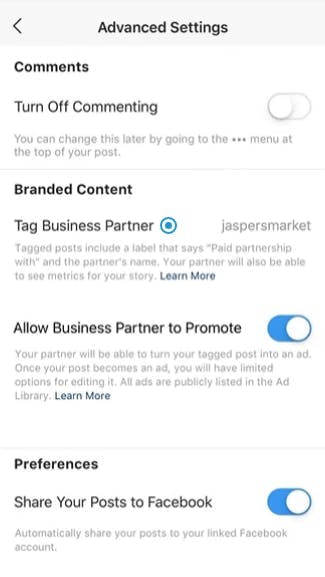 Step 5 for influencers to authorize brands to use their Instagram posts as ads