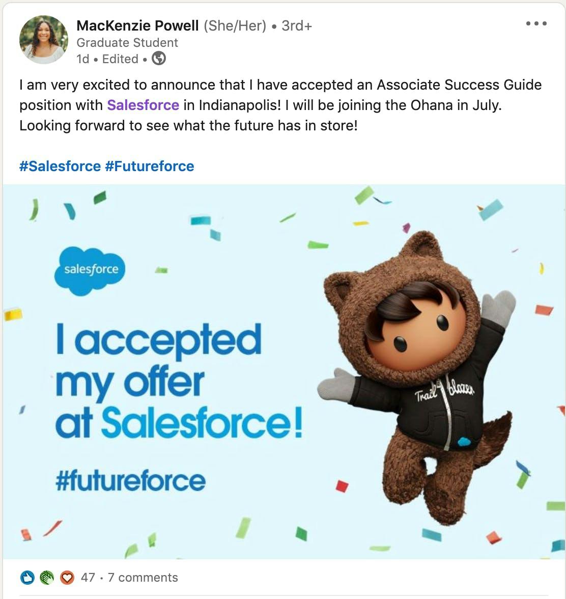 Post LinkedIn d'un employé, excité de rejoindre l'entreprise Salesforce et qui le partage à sa communauté 