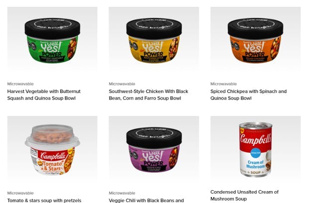 Een screenshots van de typen soep die worden aangeboden op Campbell's website. De soepen worden aangeboden in verschillende verpakkingen en hebben allemaal hun eigen product branding