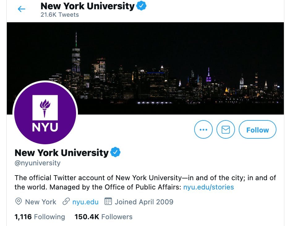 Twitter account for New York University showing bio with verified checkmark 