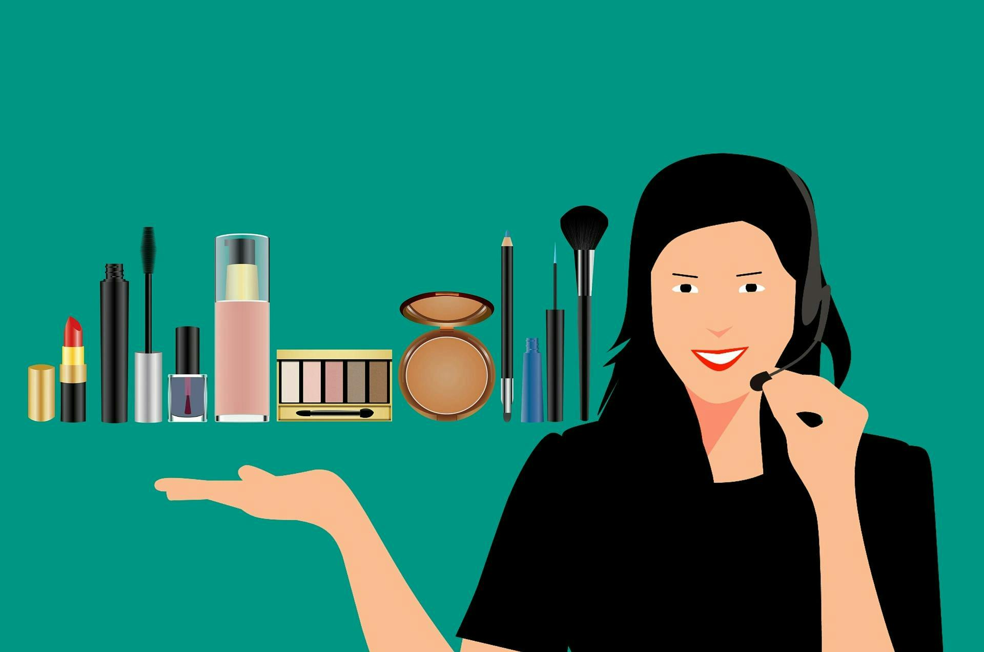A cartoon illustration of a woman with a headset on and several makeup products she is marketing over the phone besides her