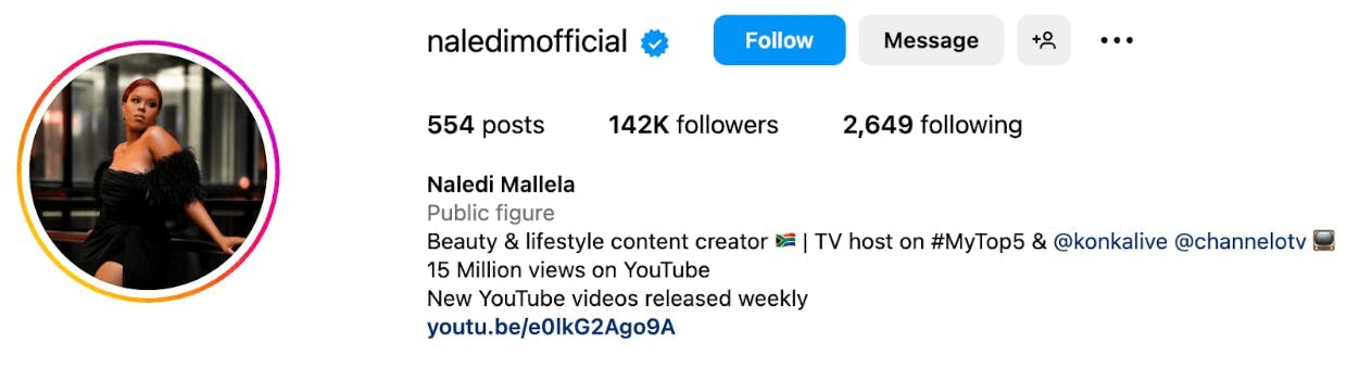 Top beauty influencers in South Africa: Naledi Mallela Instagram Profile