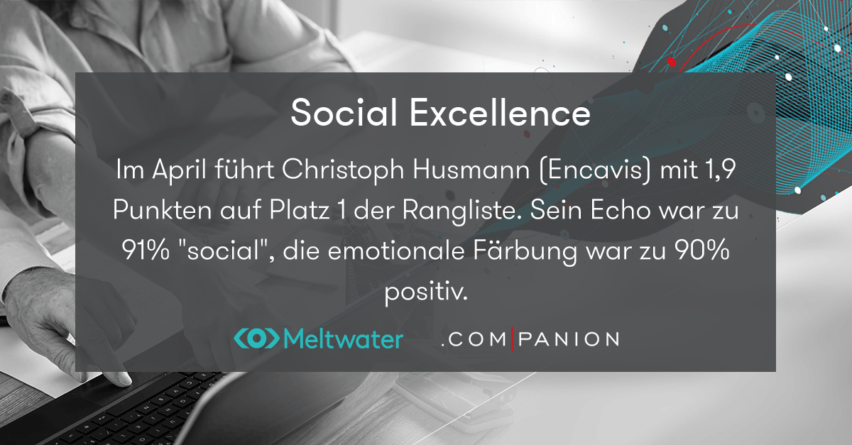 Meltwater und .companion CEO Echo im April 2023. Dieser Banner zeigt die Kategorie "Social Excellence", in der Christoph Husmann von Encavis gewonnen hat.