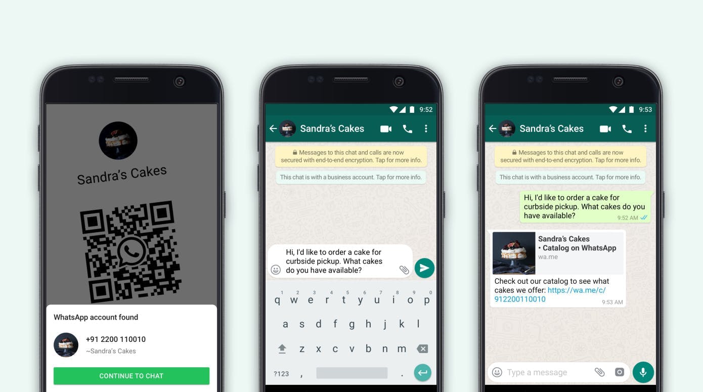An example of how scanning a QR code through WhatsApp opens a conversation with the brand that created the QR