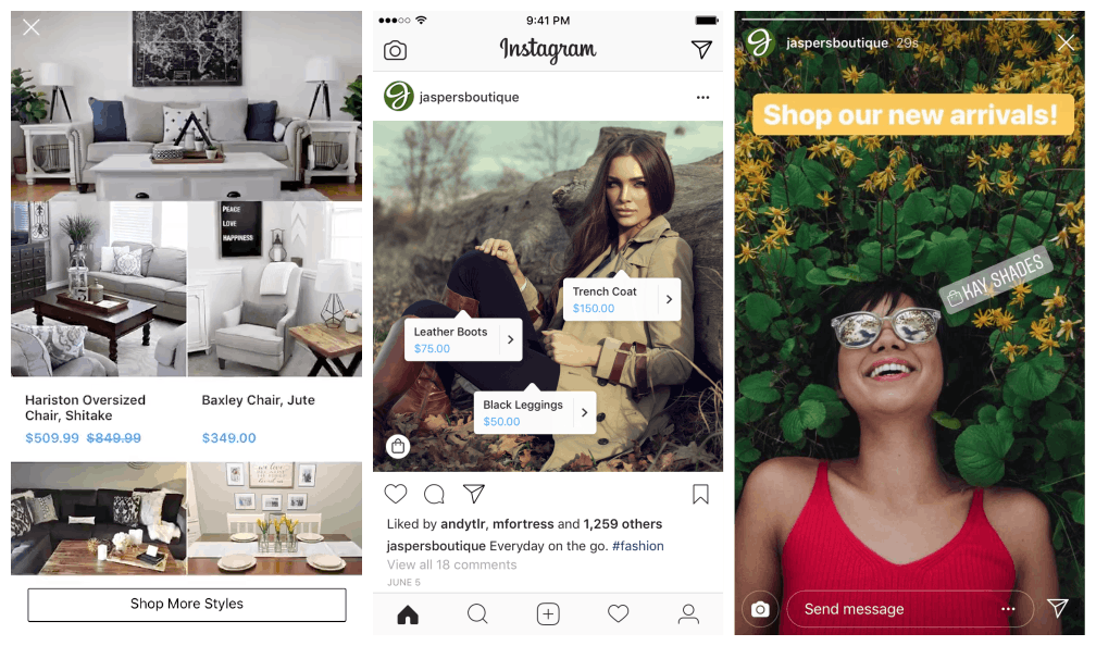 Vasemmalta oikealle: Instagram Collection feed -mainos, ostettavissa olevat tunnisteet Instagram feed -postauksessa, ostettavissa olevat tunnisteet Instagram Storiesissa.