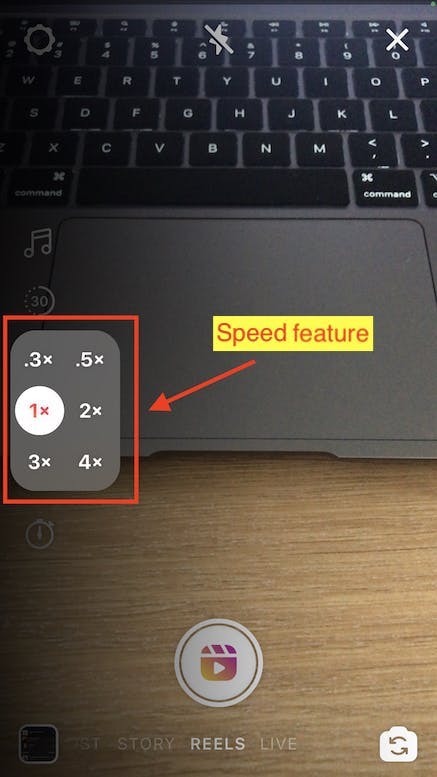 Screenshot showing speed selection when making an Instagram Reel