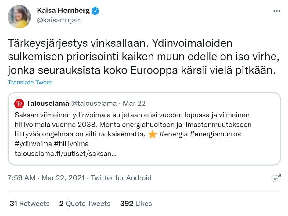Kaisa Hernbergin twiitti ydinvoimasta.