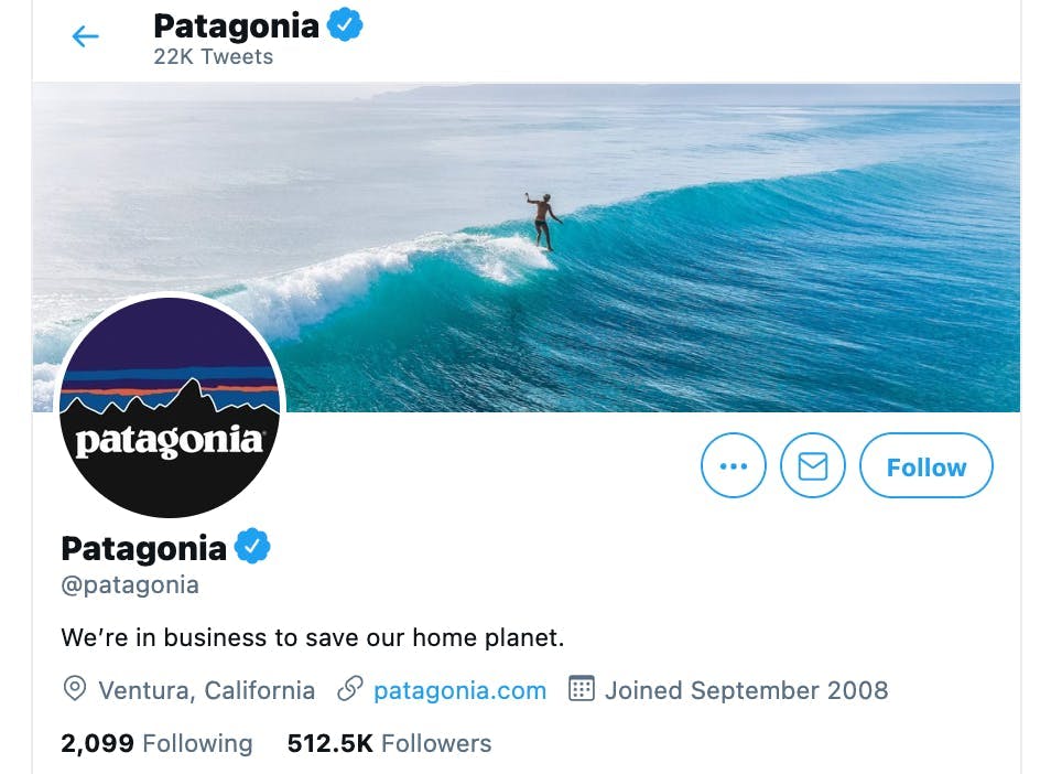 Patagonia X/Twitter bio with short but impactful tagline