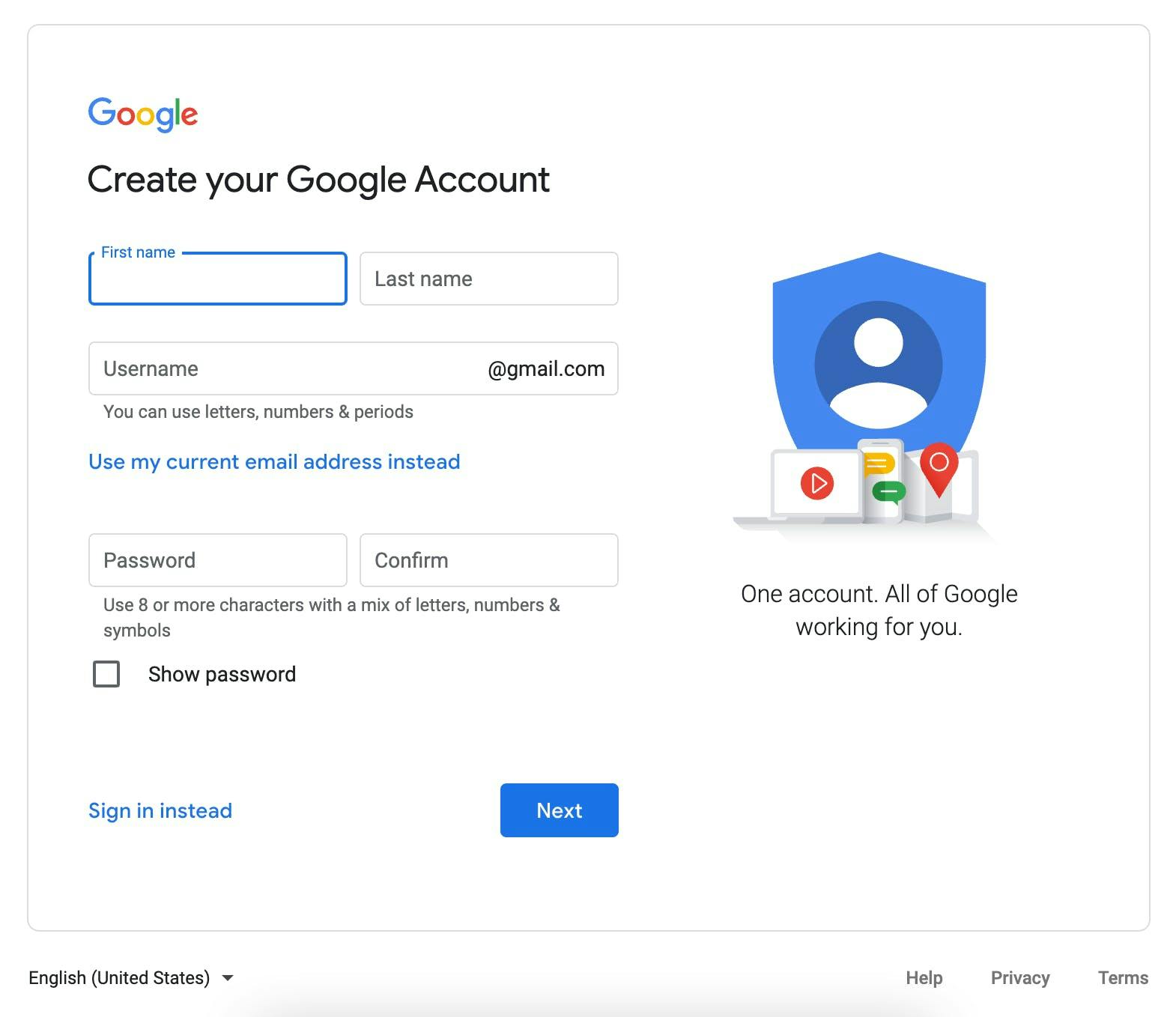 Dernière étape de la création d'un compte Google : champs du nom, prénom, email et mot de passe 
