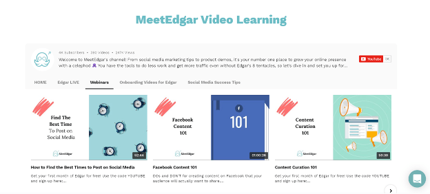 A screenshot of MeetEdgar's video learning page showcasing all of the videos they have available to users.