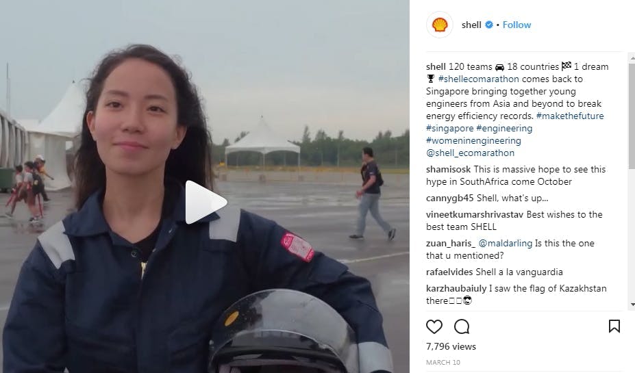 Shell:in Instagram julkaisu, video jossa nuori naisoletettu kävelee kamerassa.