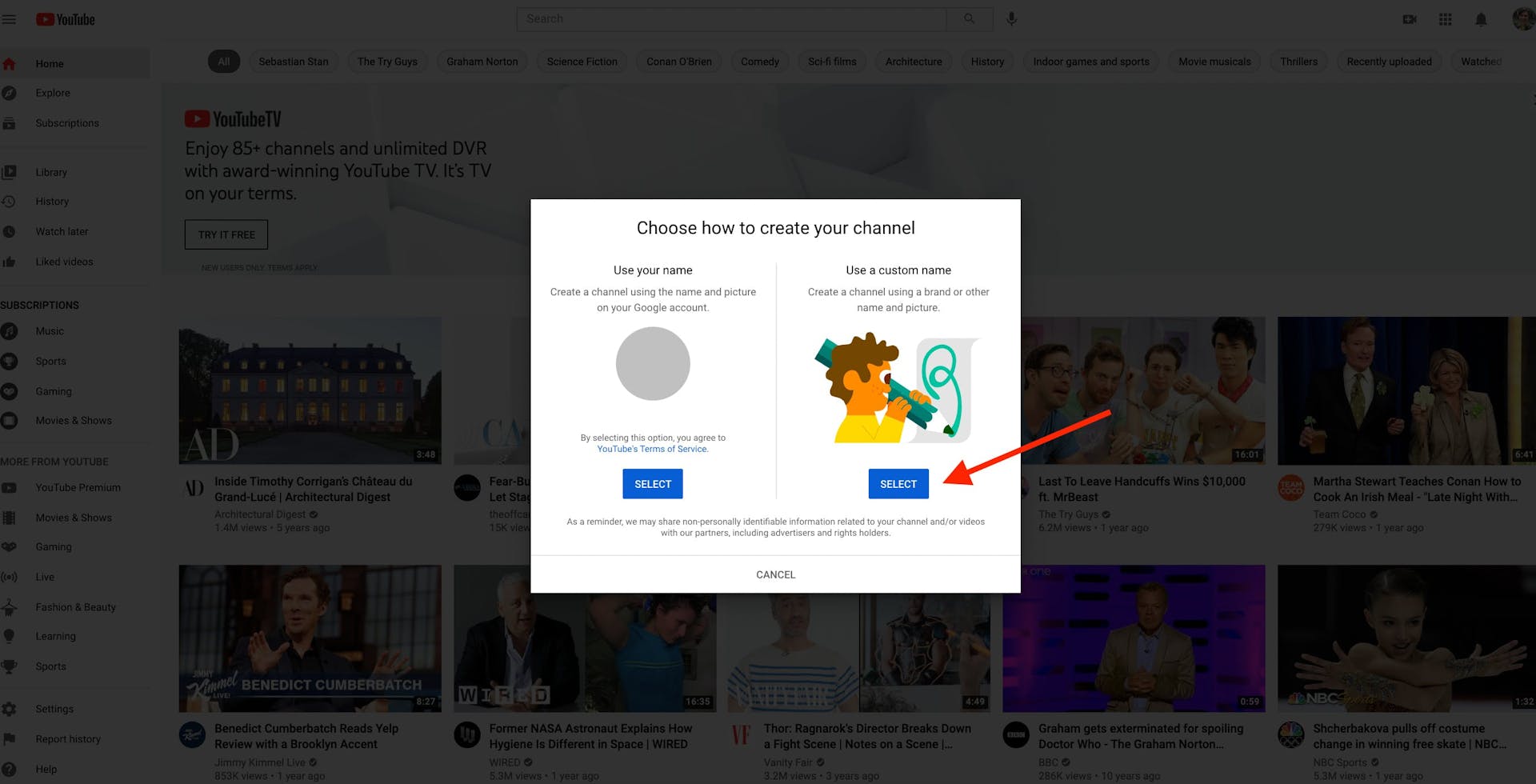 Second popup during YouTube channel set up process