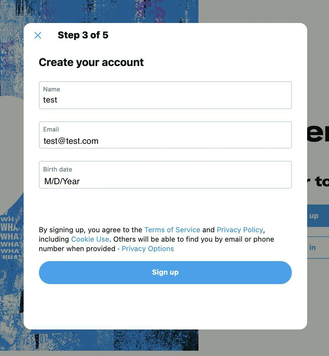 Step 4 in setting up a Twitter account showing fields for name, email, and birthday