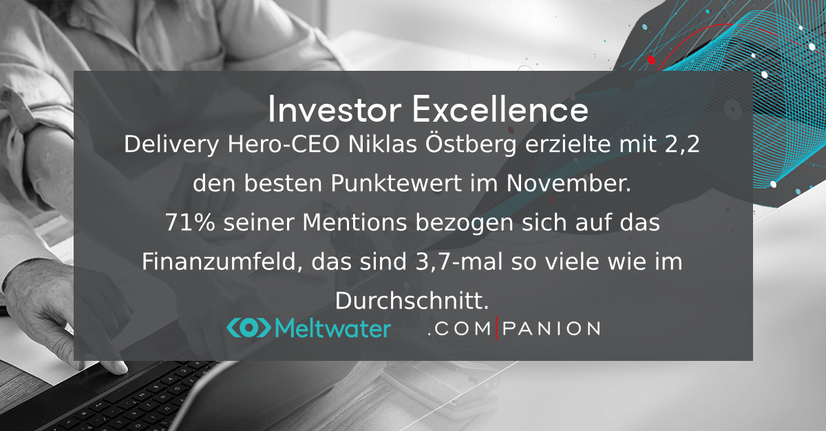 Meltwater und .companion CEO Echo im November 2023. Dieser Banner zeigt die Kategorie "Investor Excellence", in der der Delivery Hero-CEO Niklas Östberg gewonnen hat.