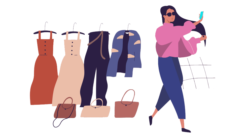 Illustration of a woman with a smartphone next to a clothing rack. Livestream Shopping Trend.