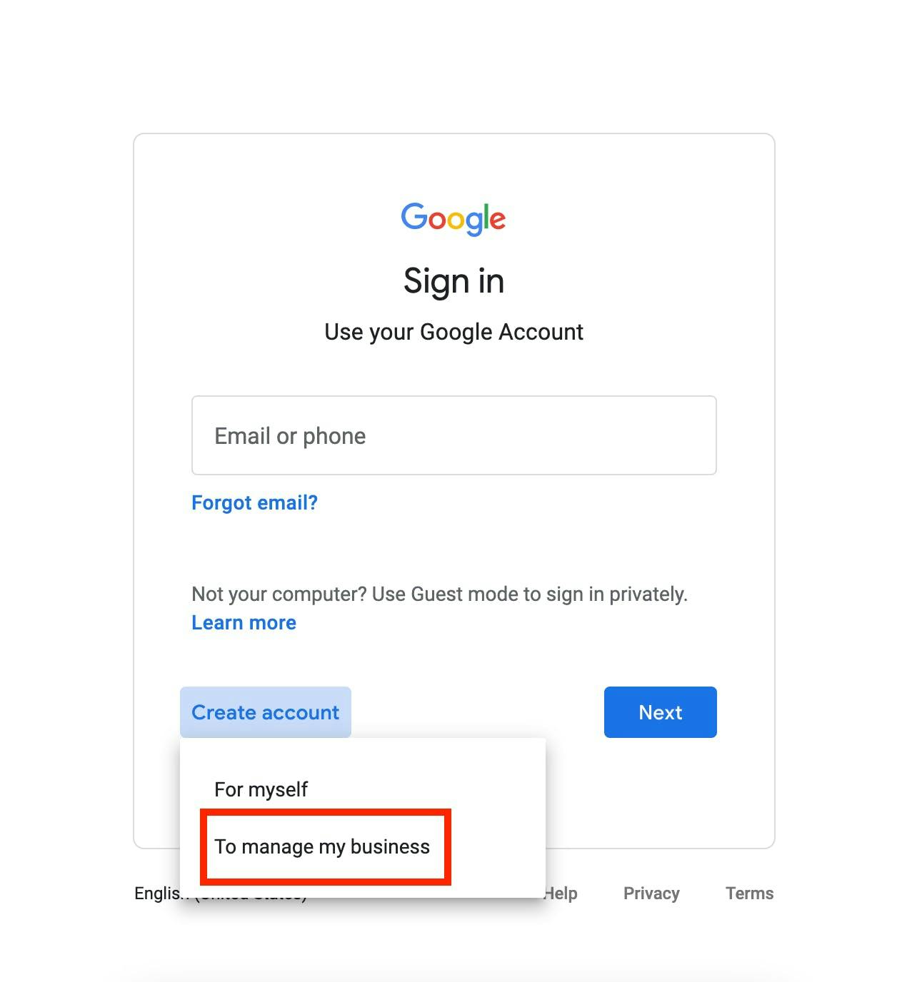 Google create account step 3 showing options to either create a personal account or a business account