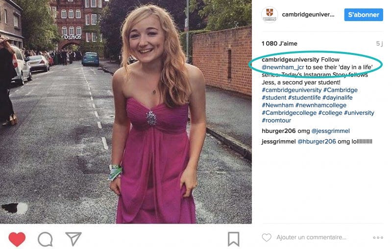 Capture écran d'un post Instagram de l'université de Cambridge