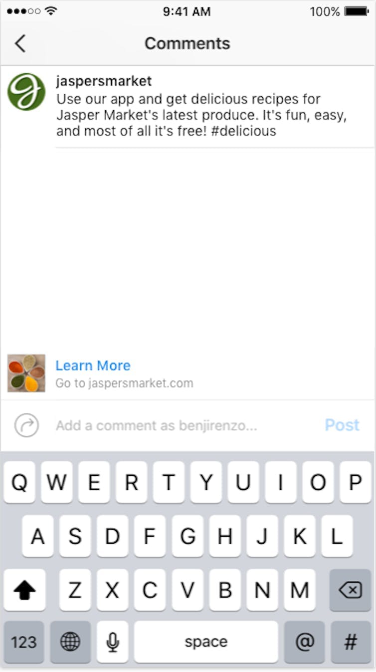 Screenshot Comments section on Instagram with CTA