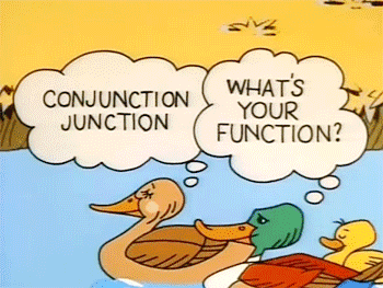 Cartoon gif from American 90s tv show Conjunction Junction. Correct grammar is important for a social media manager.