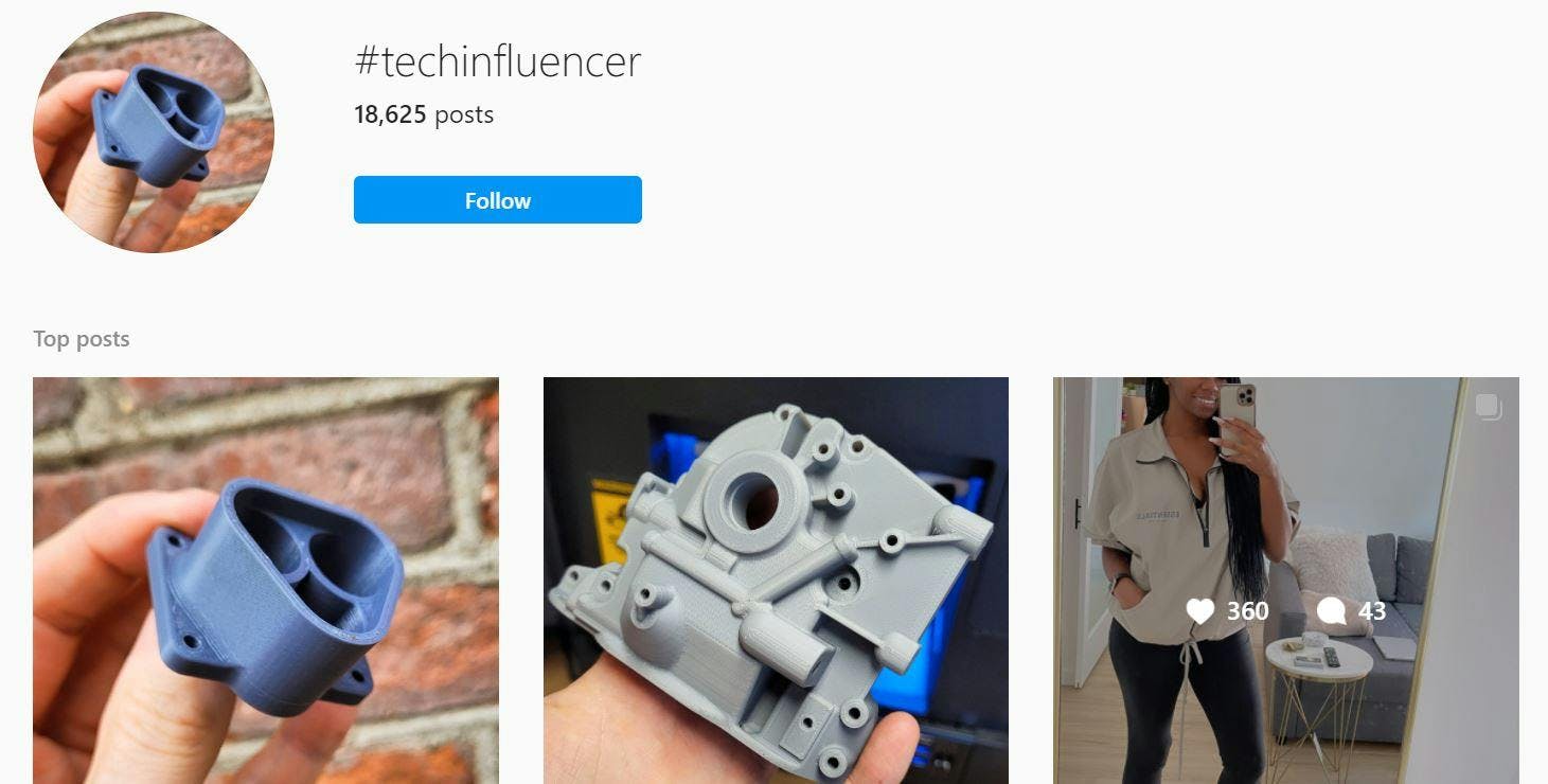 Näyttökuva hashtagista tech influencer Instagramissa.