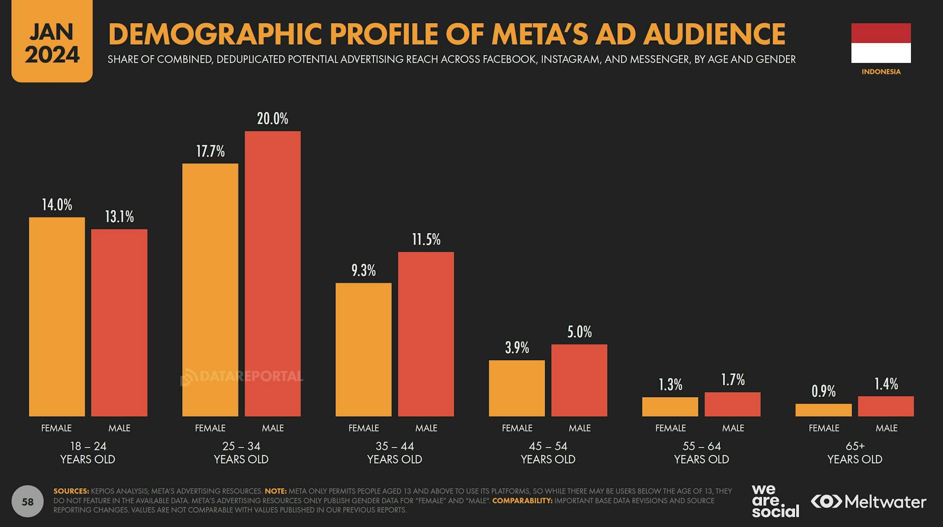 Demographic profile of Meta's ad audience based on Global Digital Report 2024 for Indonesia