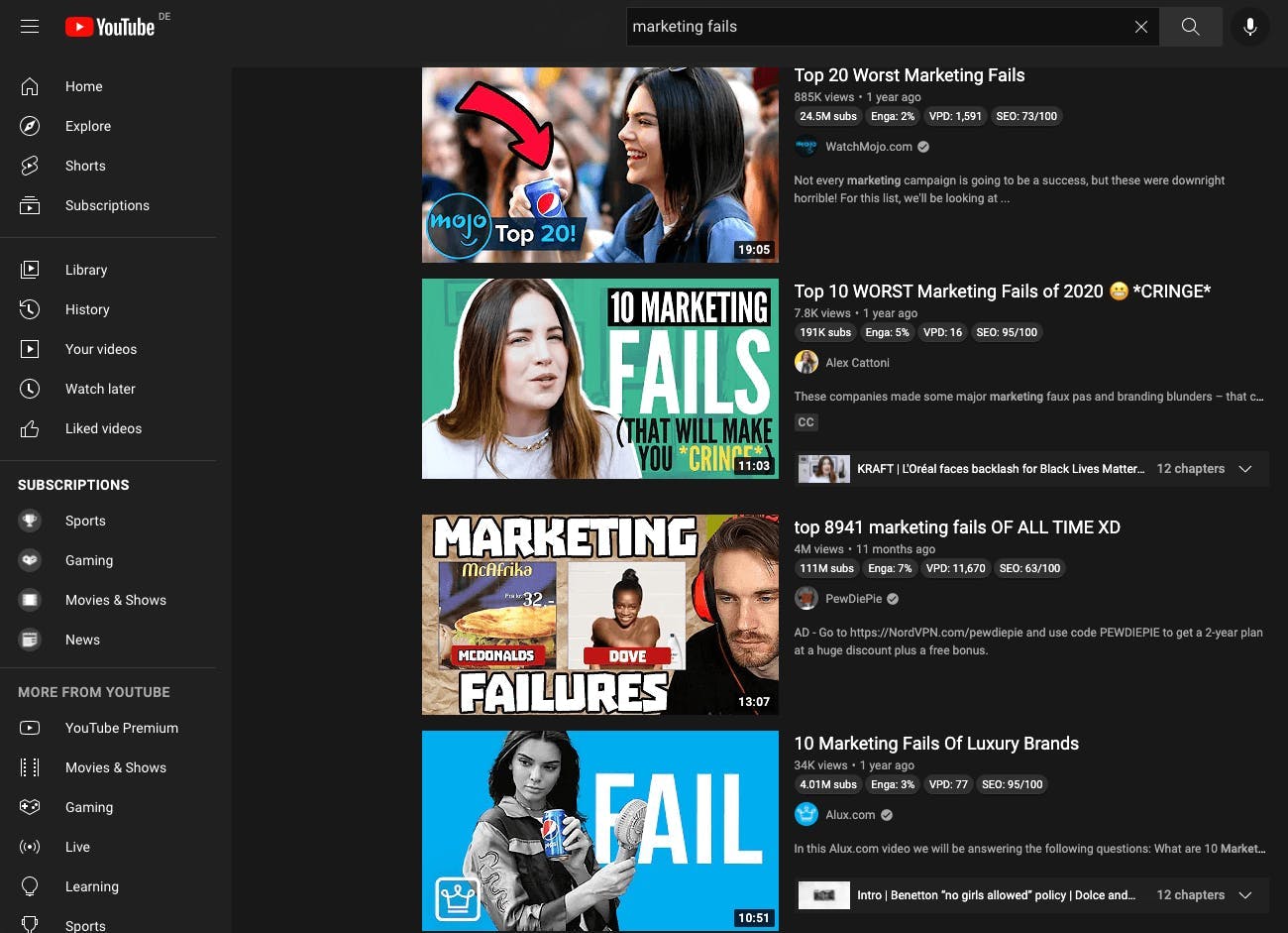 Screenshot von für YouTube optimierten Thumbnails für die Suche nach Marketing Fails, um mehr Abonnenten zu gewinnen