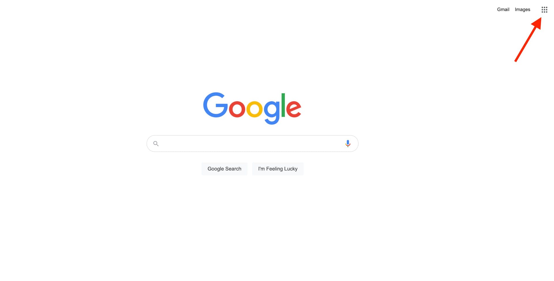 Page d'accueil de recherche Google avec la barre de recherche et le logo Google au milieu d'une page blanche 