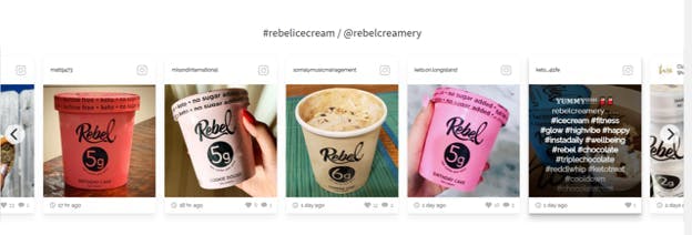 Rebel ice cream's website heeft een carrousel met Instagram posts van klanten die een ijsverpakking vast hebben.