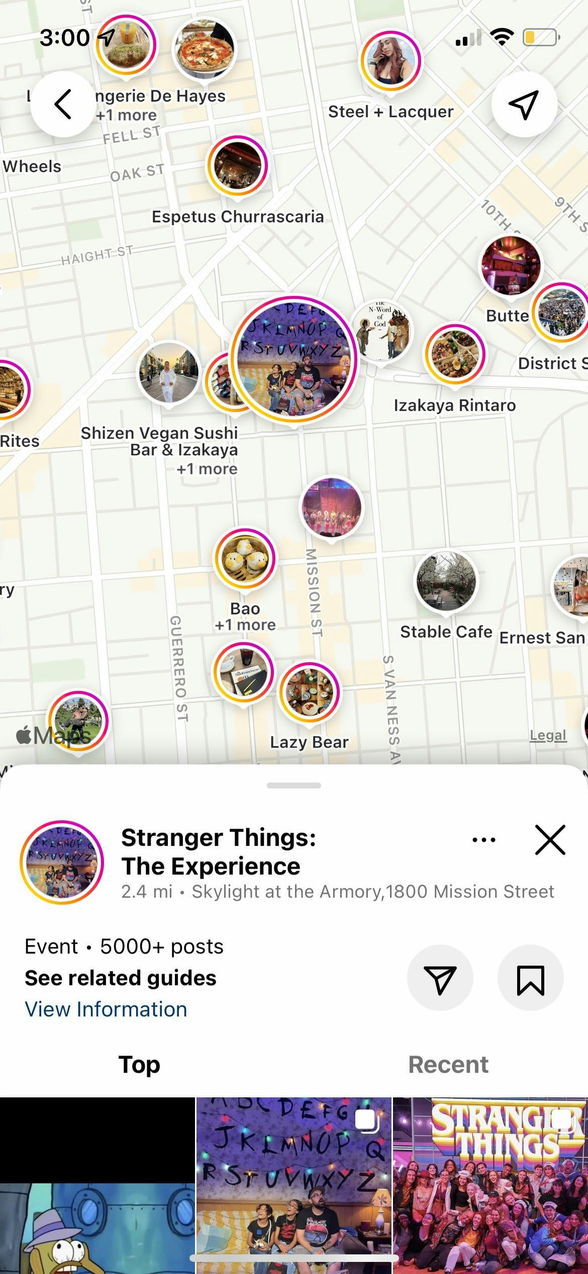 Screenshot showing a map search view on Instagram. Searched businesses show up on the map, with nearby businesses also highlighted