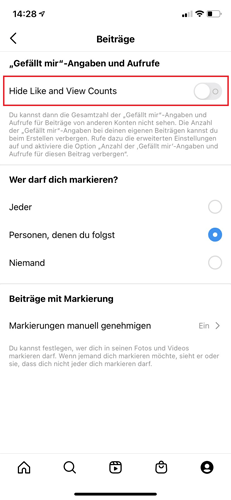 Option aktivieren "Hide Like and View Counts"
